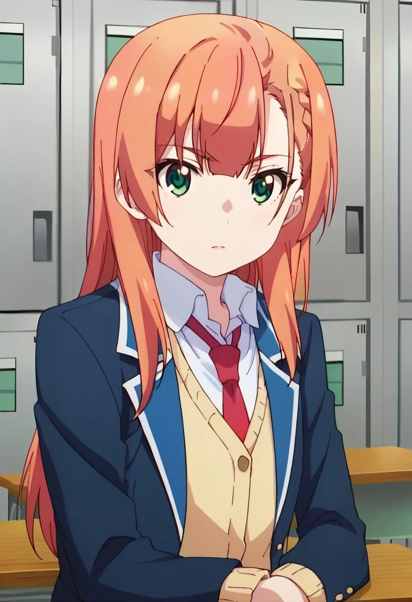 score_9, score_8_up, score_7_up, source_anime,aika natsukawa, long hair, green eyes, orange hair, 1girl, necktie, solo, green eyes, school uniform, jacket, desk, blazer, locker, indoors, red necktie, school desk, classroom, shirt