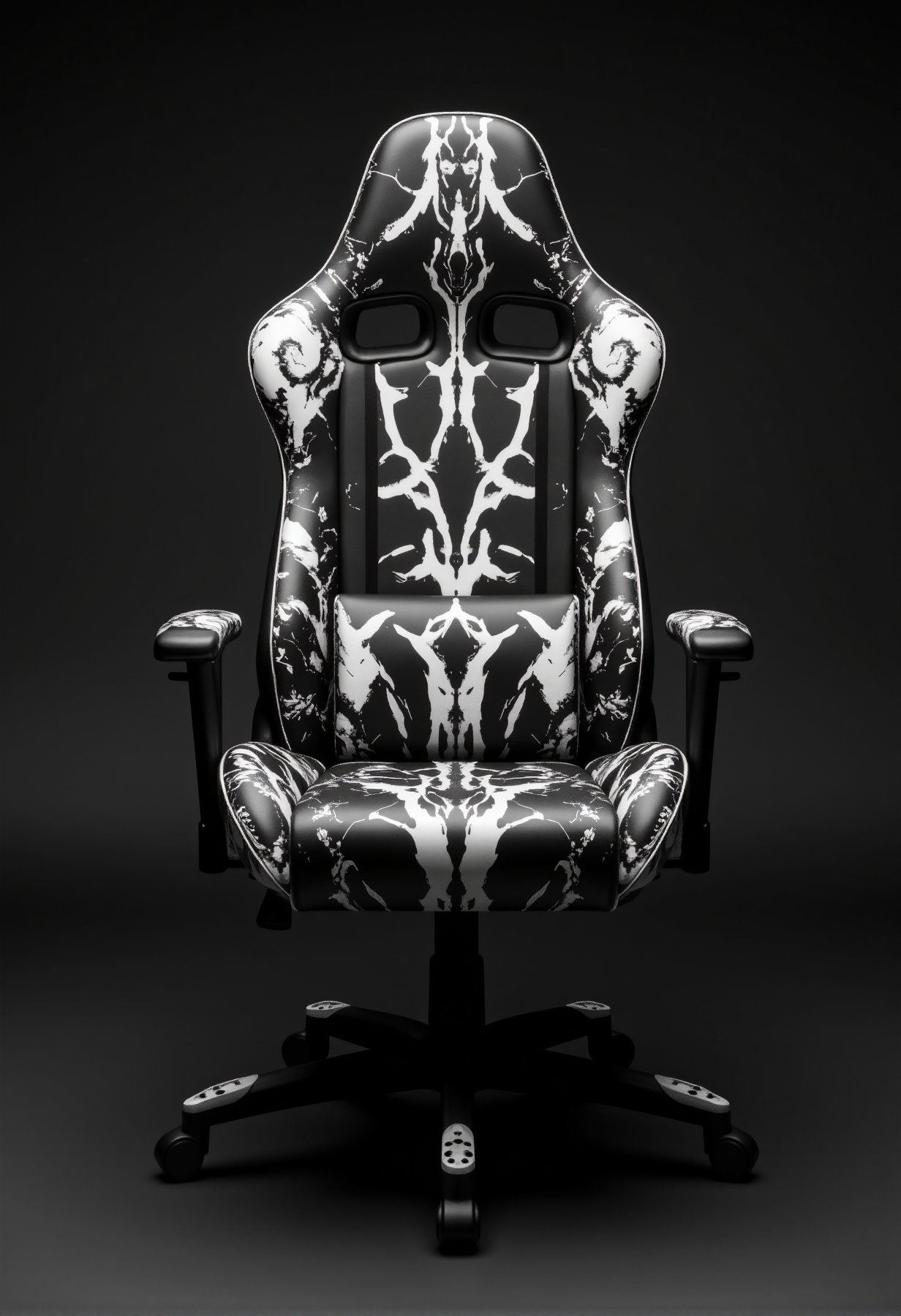 A gaming chair inspired by the Rorschach inkblot test, positioned at a slight angle to showcase its intricate design. The chair has a sleek, modern shape, predominantly black, with striking white inkblot patterns flowing across its surface. These symmetrical patterns resemble abstract faces, creatures, or hidden symbols, shifting in meaning depending on the viewer’s perception. The high backrest and headrest seamlessly blend into the surreal aesthetic, with fluid white shapes appearing as if they are naturally spreading across the upholstery. The armrests and five-sectioned base mimic the organic flow of ink, enhancing the hypnotic and psychological feel. The chair is turned slightly to the side, allowing a better view of its contours, emphasizing the elegant curves and artistic details. Set against a dark background, the contrast between deep black and stark white adds to the dramatic and mysterious atmosphere, making it a statement piece for both gaming and artistic appreciation.