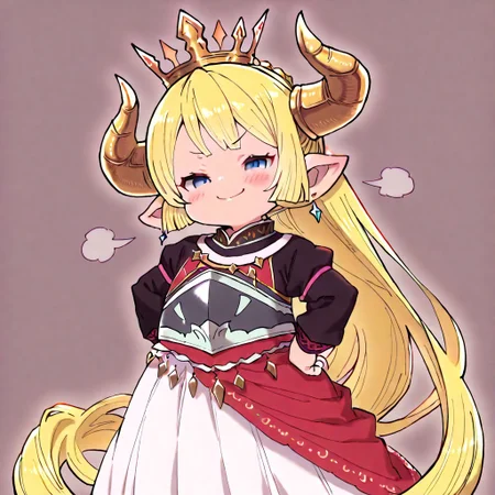1girl, solo, best quality, masterpiece, lalafell, pointy ears, flat chest, shortstack. granblue fantasy, charlotta, harvin, blonde, long hair, blue eyes, long dress, tall crown, mesugaki, blush, smug, <lora:NTR_MIX_4.0_LORA:0.5>