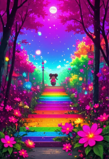 stairs, earrings, solo, long hair, cherry, grass, night and day, gradient, star (symbol), rainbow hair, closed mouth, vibrant rainbow, magical,tree, Lynx, moon, colorful, sparkles, pink background, pointy ears, closed eyes, scales, piercing, hair bow, building, double bun, 1girl, heart, flower, cute creatures, intricate but simple background, Real-Faceji, ffdac