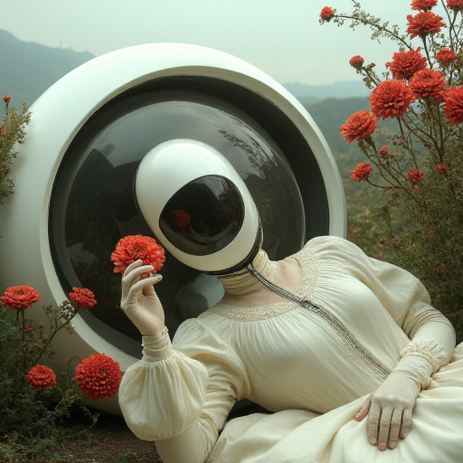 A woman in an intricately embroidered **gown of liquid pearl** reclines beside a **smooth, organic pod**, its curved glass reflecting **a sky that is not this one**. Her head is encased in a **seamless white helmet**, featureless except for a **single, dark lens that does not blink.**   The red flowers growing around her are **unnervingly symmetrical**, blooming in a perfect spiral around the pod. She holds one between gloved fingers, examining it as if it contains a secret only she can decipher.   The pod hums softly, a heartbeat-like rhythm, as if it is whispering to her in a language long forgotten. The vines coil slowly, growing towards her, sensing something unseen.   **Inspired by:** surreal dream technology, ancient sleep experiments, organic AI, floral intelligence.