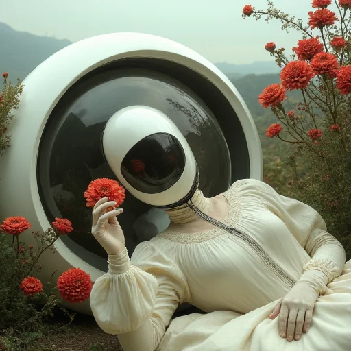 A woman in an intricately embroidered **gown of liquid pearl** reclines beside a **smooth, organic pod**, its curved glass reflecting **a sky that is not this one**. Her head is encased in a **seamless white helmet**, featureless except for a **single, dark lens that does not blink.** The red flowers growing around her are **unnervingly symmetrical**, blooming in a perfect spiral around the pod. She holds one between gloved fingers, examining it as if it contains a secret only she can decipher. The pod hums softly, a heartbeat-like rhythm, as if it is whispering to her in a language long forgotten. The vines coil slowly, growing towards her, sensing something unseen. **Inspired by:** surreal dream technology, ancient sleep experiments, organic AI, floral intelligence.