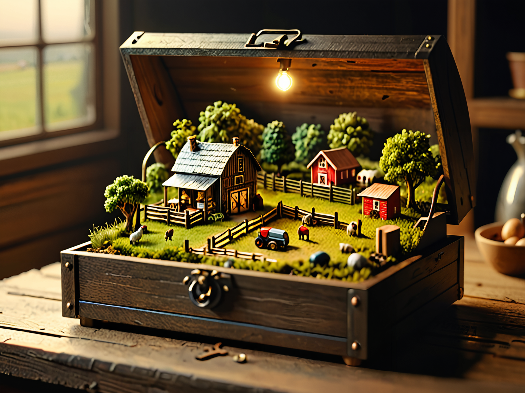 an open music box with a small farm inside, masterpiece, 8k, high detail, dramatic lighting