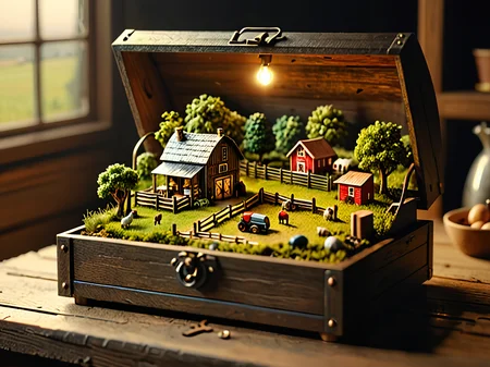 an open music box with a small farm inside, masterpiece, 8k, high detail, dramatic lighting