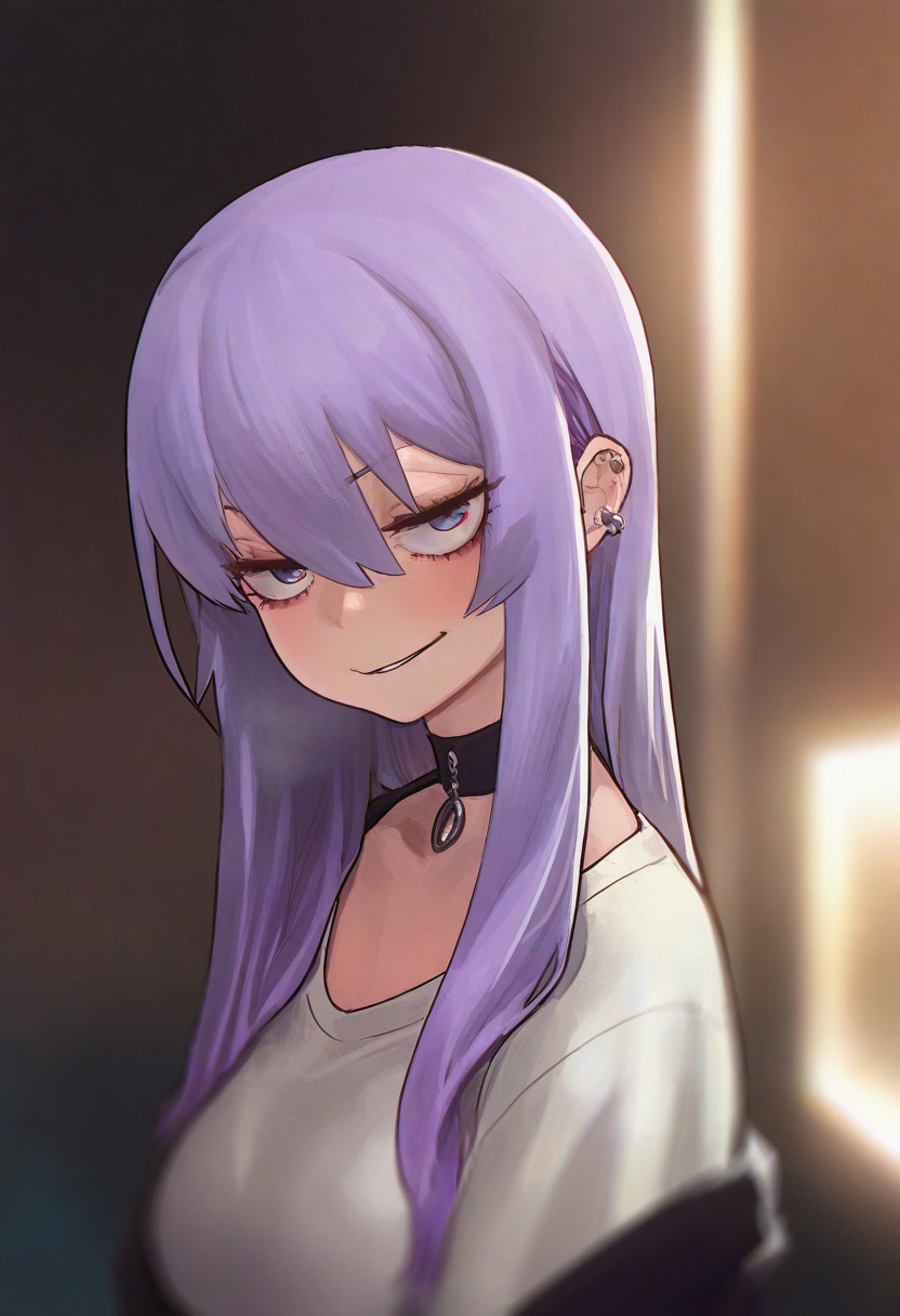 COOLSY_ST, sketch, masterpiece, best quality, very aesthetic, high resolution, ultra-detailed, absurdres, newest, extremely detailed eyes, beautiful, perfect lighting, hi res, amazing quality, very awa, Brightly Lit, Highly Visible, 8k, sharp focus, beautiful, perfect lighting, volumetric lighting, scenery, painting_(artwork),  1girl, female, solo, upper body, looking at viewer, smug, smirk, smile, long hair, purple hair, goth, choker, blurred background