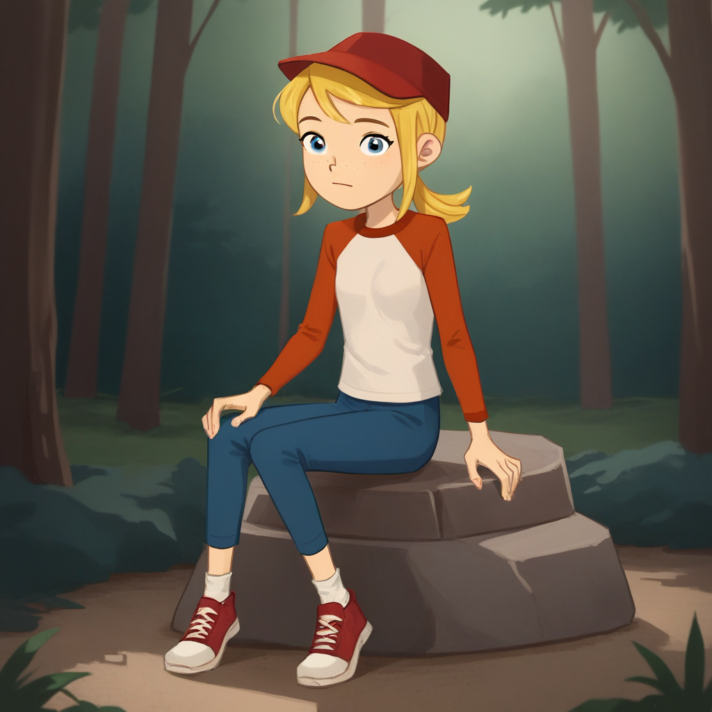 score_9_up, score_8_up, BREAK, Lottie, 1girl, solo, blonde hair, short ponytail, blue eyes, red hat, raglan shirt, red long sleeves, blue pants, white socks, red footwear,  <lora:Lottie_LexiAndLottie_PXL_Leaf1:0.8>, looking at viewer, forest, sitting on rock,