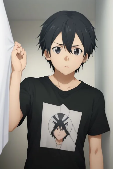 high resolution, solo, best quality, 1Boy, Kazuto Kirigaya, portraits, Black Hair, Black Eyes, kabedon POV, T-Shirt, OverallDetail