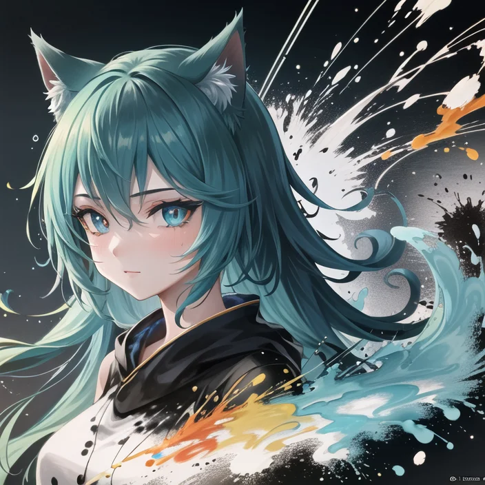 ((best quality)), ((highly detailed)), masterpiece, ((official art)), (detailed eyes, deep eyes), (1girl:1.33, solo), cat girl, cat ears, 1cat tail, :3, <lora:abstractPortraits_v1:.85>, pxint, portrait, Aqua and orange, droplets, flowing, with a splash of paint, paint splash, multicolored, sparkle, (abstract)