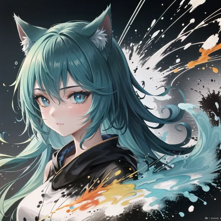 ((best quality)), ((highly detailed)), masterpiece, ((official art)), (detailed eyes, deep eyes), (1girl:1.33, solo), cat girl, cat ears, 1cat tail, :3, <lora:abstractPortraits_v1:.85>, pxint, portrait, Aqua and orange, droplets, flowing, with a splash of paint, paint splash, multicolored, sparkle, (abstract)