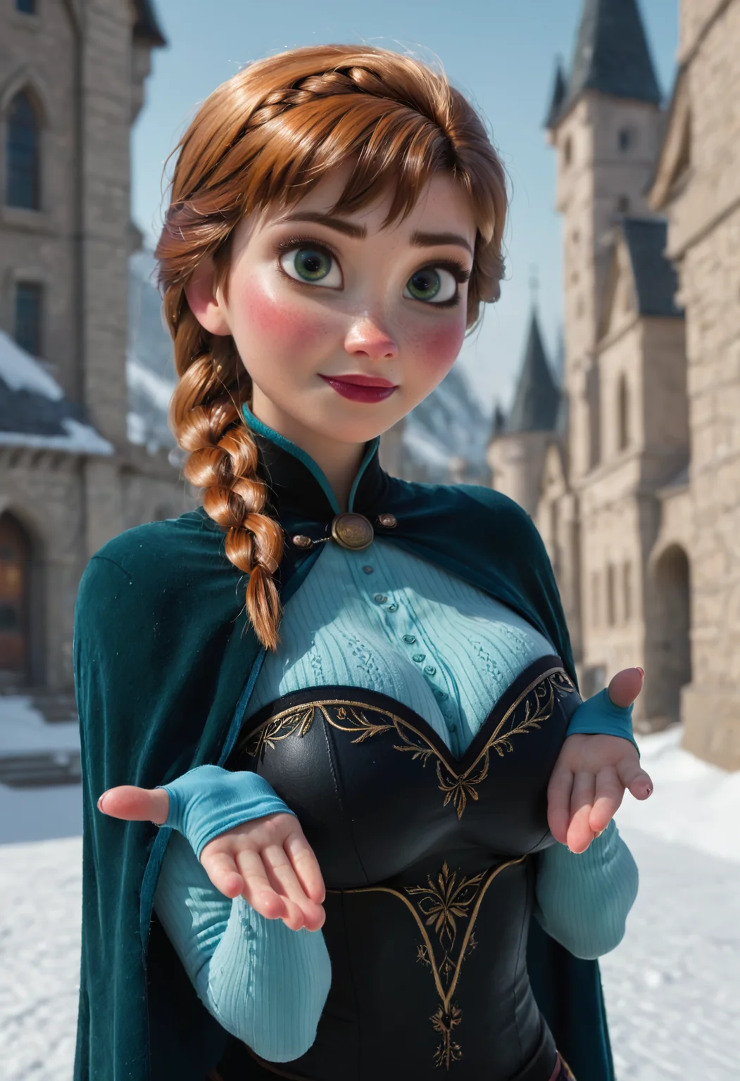 score_9, score_8_up, score_7_up, realistic,cowboy shot, young seductive woman, ginger hair, green eyes, dynamic angle, blush, looking at viewer, massive breasts, massive cleavage, frozen \(disney\), anna \(frozen\), wearing cape and anna outfit, frozen castle background. <lora:Implants2:0.3>.
<lora:PerfectEyesXL:1>, perfect eyes, <lora:hand 5.5:1>, perfect hands, detailed hands, <lora:anna_Pony_LoRA_0.1-000002:0.8>, a77a