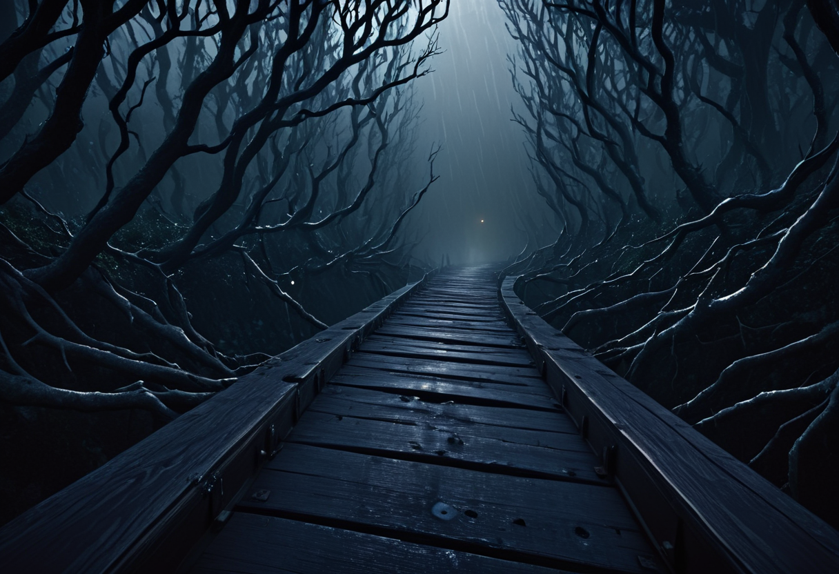 Holding onto the railing of a ship in a violent storm at sea, Falling into a sinkhole as the ground collapses beneath you, Running through a dark forest with branches scratching your face, Rachel Morrison, Roger Deakins, Andrew Lesnie, Enigmatic, Masterful lighting, Perspective-shifting, Ephemeral, Subtle, Hazy, Gloomy, Focused, Tense, Ethereal masterpiece, best quality, absurd resolution, in the style of first person perspective,  <lora:artfullyHW1P:1> arthw1p, scenery, no humans,