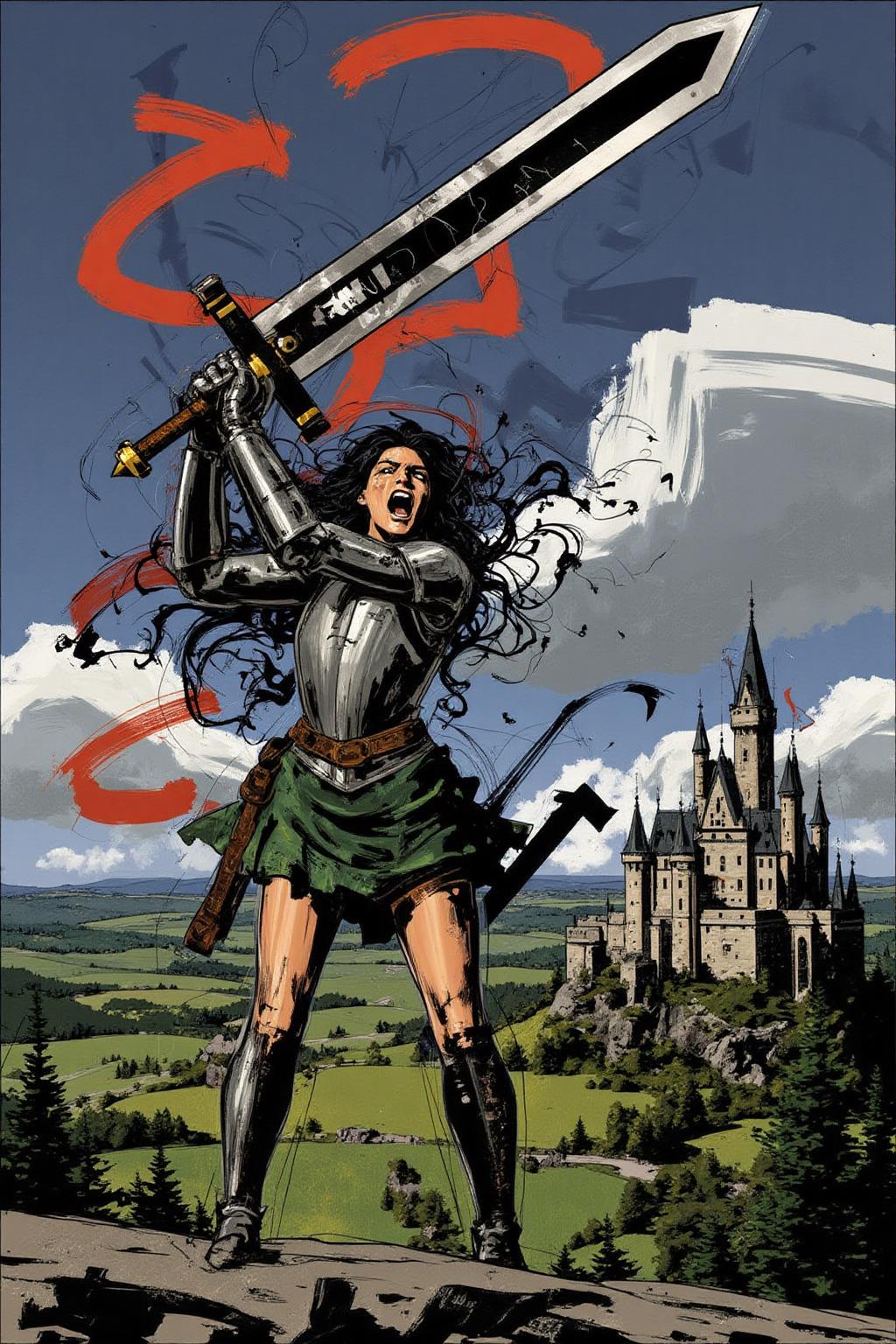 poster illustration.
Young woman in medieval metal armor, lifting a giant sword toward the sky. She is shouting angrily. There is a castle in the background overlooking a valley <lora:posterillustration_cap_d8a4e11:1.0><lora:846183783947422725:0>