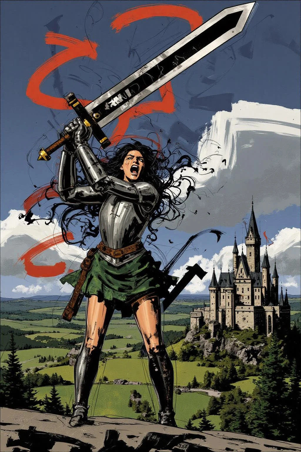 poster illustration.
Young woman in medieval metal armor, lifting a giant sword toward the sky. She is shouting angrily. There is a castle in the background overlooking a valley <lora:posterillustration_cap_d8a4e11:1.0><lora:846183783947422725:0>