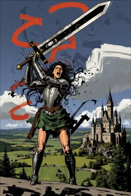 poster illustration.
Young woman in medieval metal armor, lifting a giant sword toward the sky. She is shouting angrily. There is a castle in the background overlooking a valley <lora:posterillustration_cap_d8a4e11:1.0><lora:846183783947422725:0>