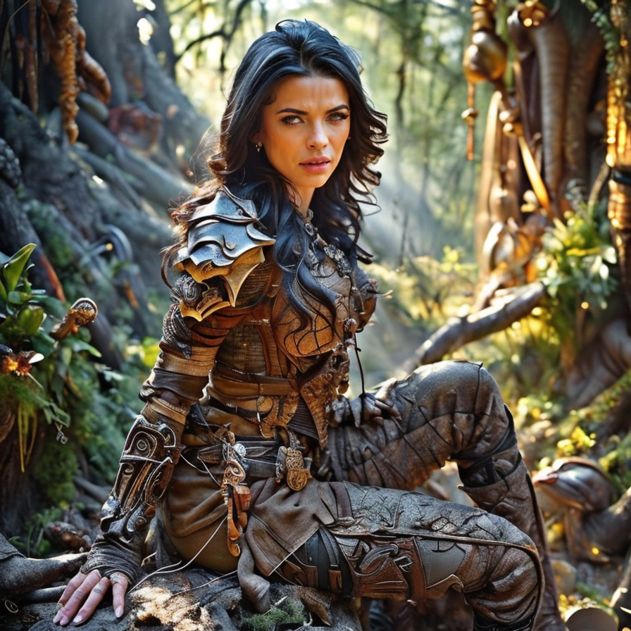 RAW photo, (masterpiece:1.3), subsurface scattering, heavy shadow, (high quality:1.4), (intricate, high detail:1.2), professional photography, HDR, High Dynamic Range, realistic, ultra realistic, photorealistic, high resolution, film photography, ambient lighting, atmospheric effects, <lora:detail_slider_v4:2>, OverallDetail,  Shalina, <lora:Shalina:1>, as a female ranger, intricate leather armor, sitting on a log  in a sinister forest,  <lora:FantasyRanger:0.8>, FanRan, FanFo, <lora:FantasyForest:0.7>, <lora:zoom_slider_v1:2>, dynamic pose, epiCPhoto