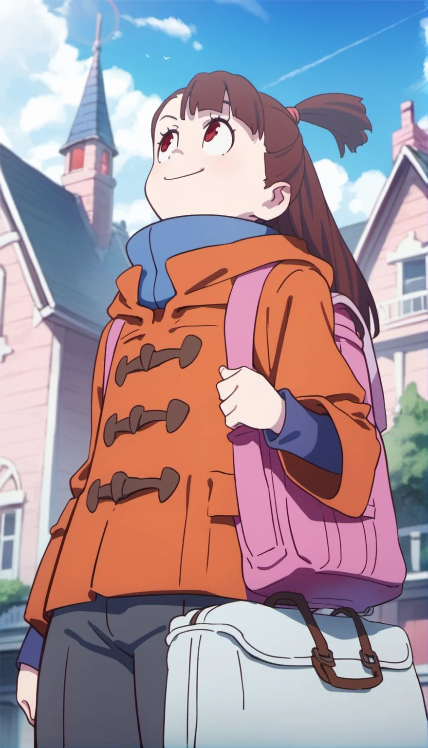 score_9,score_8_up,score_7_up,
<lora:AtsukoKagari:0.9>,akkokagari,
1girl,solo,brown hair,long hair,bangs,short ponytail,pink hair tie,red eyes,looking up,smile,confident,orange duffle coat,blue undershirt,blue high collar,pink backpack,upper body,from below,holding yellow duffle bag,hand holding bag strap,outdoors,blue sky,cloud,tree,house,
blurry background,outdoors,light particles,blue sky,bloom,cloud,street,castle,lens_flare,