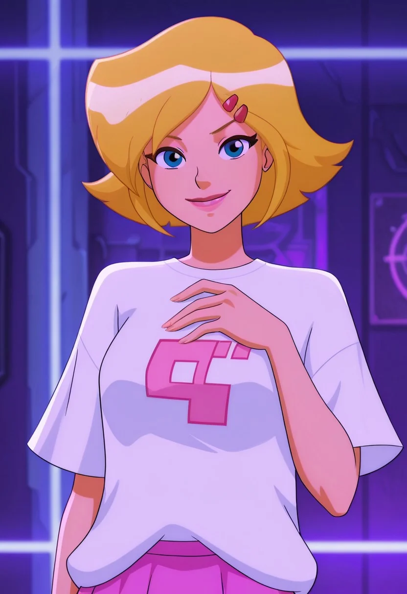 masterpiece, best quality, good quality, 1girl, solo, cartoon, totally_spies_2k24, cl0ver, blonde hair, blue eyes, white t-shirt, pix3l print, pink skirt, hairclip, sexy, large breasts, beautiful, detailed, high detailed, very beautiful, detailed face, detailed eyes, detailed hand, fingernails, abstract background, neon, smile, posing, pose, looking at viewer, face focus