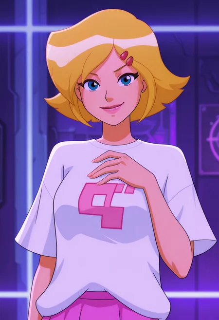 masterpiece, best quality, good quality, 1girl, solo, cartoon, totally_spies_2k24, cl0ver, blonde hair, blue eyes, white t-shirt, pix3l print, pink skirt, hairclip, sexy, large breasts, beautiful, detailed, high detailed, very beautiful, detailed face, detailed eyes, detailed hand, fingernails, abstract background, neon, smile, posing, pose, looking at viewer, face focus