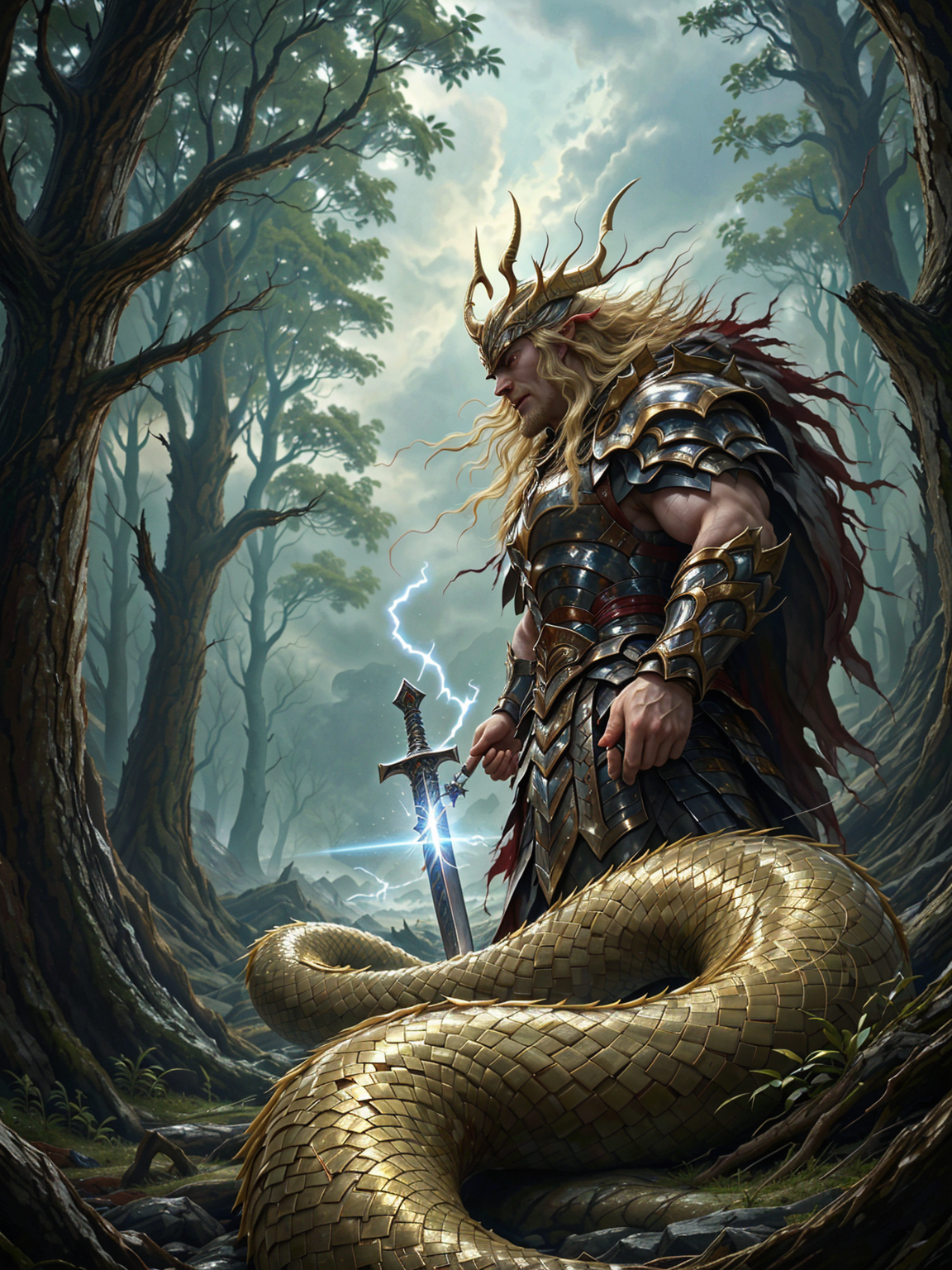 VALHERO, art, painting,score_9, score_8_up, score_7_up, Portrait,  An epic and vivid scene of Sigurd, the legendary Norse hero, standing victorious over the dragon Fafnir in a dense, mist-laden forest. The air crackles with tension as Sigurd, clad in battered yet shining armor, raises his gleaming sword, Gram, still dripping with the dragonâs venomous blood. The slain Fafnir, an enormous and serpentine beast, lies coiled and lifeless on the ground, its golden scales catching the pale light filtering through the trees.  <lora:Heroes_of_Valhalla_PONY:1.0>