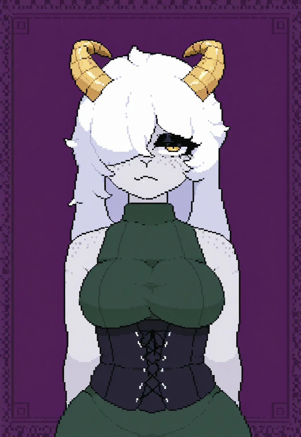 pixel_art, vunnbunn, 1girl, solo, gold twisted ram's horns, freckles, white hair, long bangs, golden eyes, pale skin, green dress, black underbust corset, medium shot, portrait,