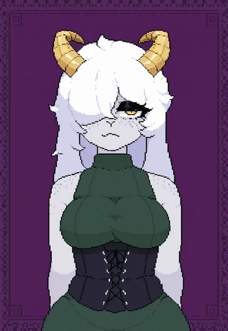 pixel_art, vunnbunn, 1girl, solo, gold twisted ram's horns, freckles, white hair, long bangs, golden eyes, pale skin, green dress, black underbust corset, medium shot, portrait,