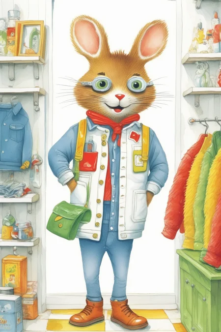 <lora:Richard Scarry Style:1>Richard Scarry Style - illustration for children book style of Richard Scarry of white dressing room wall with fashion man clothes