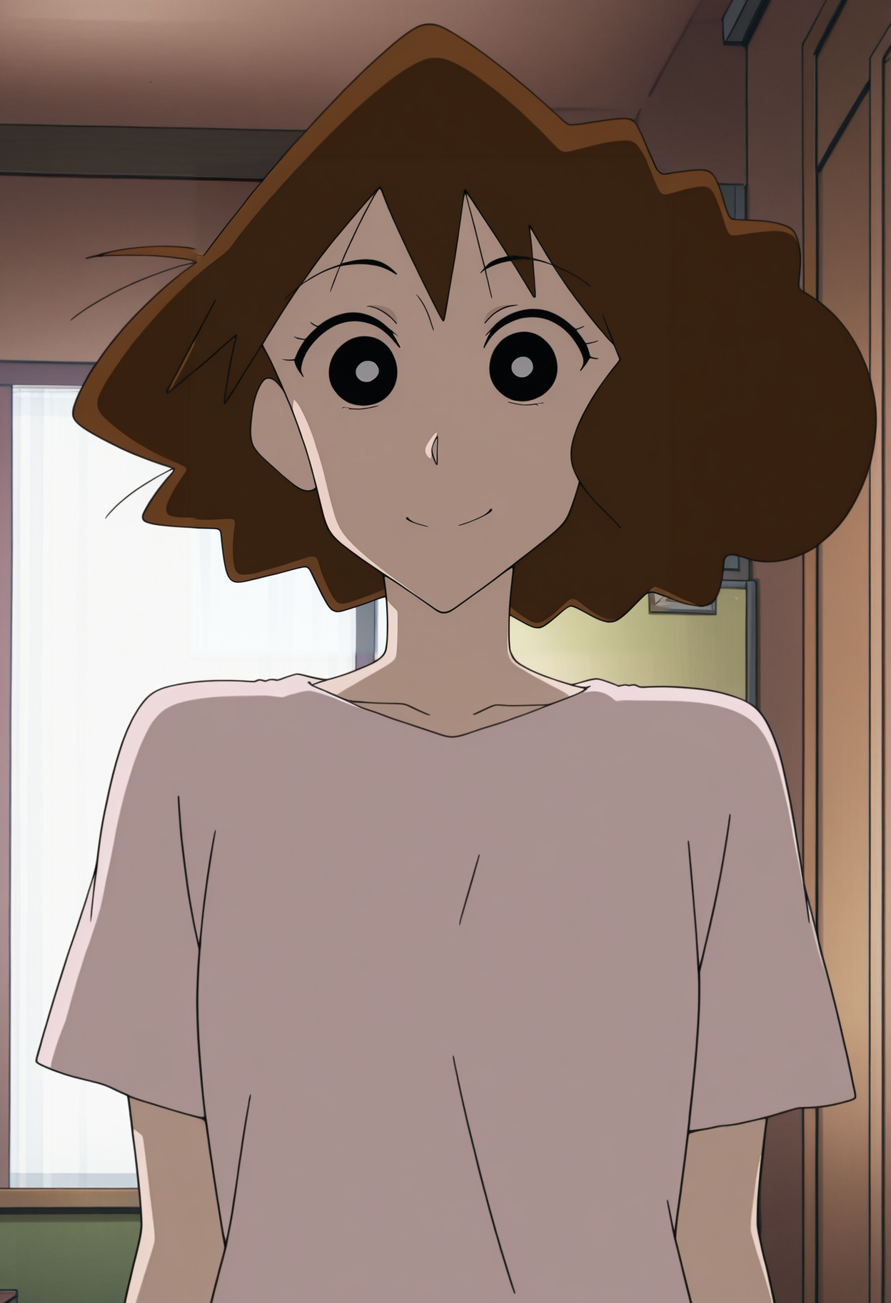 1girl,solo,Misae,brown hair,black eyes,anime coloring,
shirt,upper body, looking at viewer, smile,indoors
,masterpiece,best quality,amazing quality,<lora:Nohara_Misae:1>