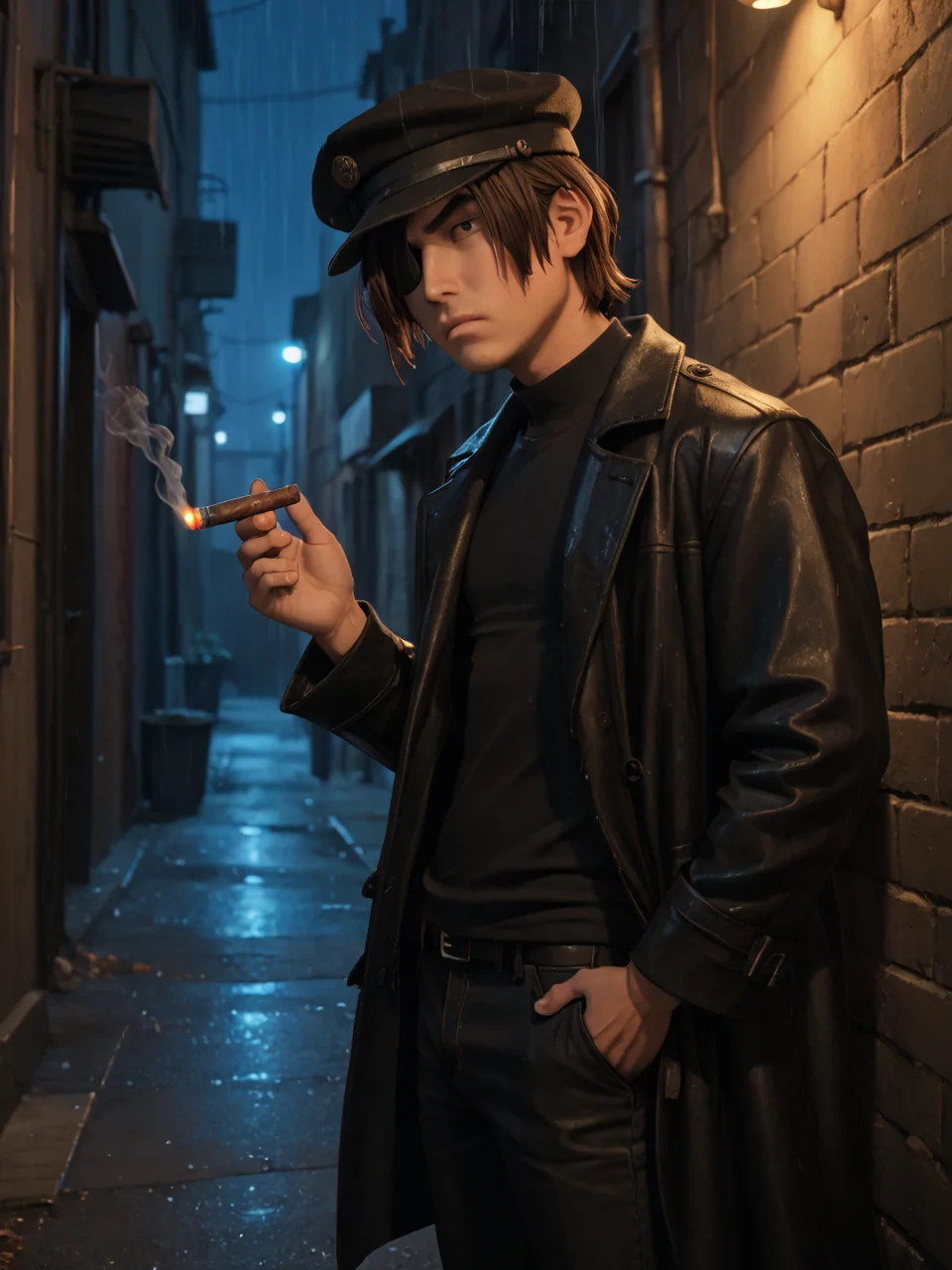 score_9, score_8_up, score_7_up,  score_6_up, BREAK, LaiKubo, 1boy, solo, brown hair, brown eyes, hair over one eye, topknot, eyepatch, black shirt, shirt, black pants, leather pants, leather coat, shiny leather coat, long leather coat, serious face, alley, lean on wall, night, raining, cigar, holding cigar, hot cigar, hat, from side <lora:Kubo:1>