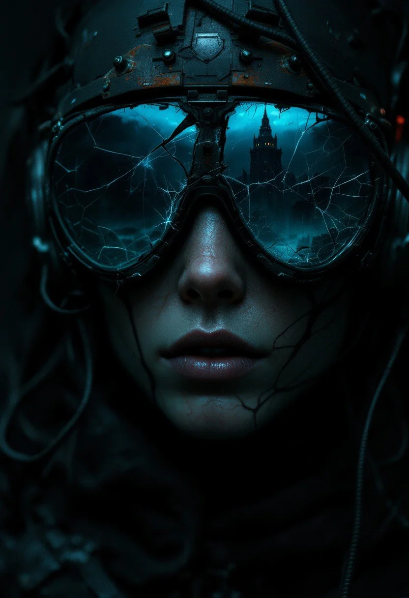 A cinematic close-up traps a lone hacker in the claustrophobic frame, her form swallowed by layers of dense, suffocating shadow. Her battered cyber-headset, a ruin of cracked glass and rusted metal, clings to her skull like the remnant of some forgotten war. Wires coil loosely around her temples, some broken and sparking feebly in the dark, others hanging like dead vines from her jawline.
Where her face should be, there is only the occasional gleam of sickly blue light slipping across hollowed-out cheeks and dry, cracked lips. Her skin, stretched taut and colorless, seems almost eroded, blurred into the oppressive black that presses in from all sides. Only the broken lenses of her headset offer faint windows into her fractured world—each pane split and riddled with fine fractures, warping whatever dim shapes lurk beyond.
The camera peers into the largest crack of the visor, revealing a shifting, ruined cityscape reflected in fragments: half-broken neon signs, skeletal towers, rivers of smoke. Each glitch of light feels like a dying heartbeat in a machine that has long since forgotten the living.
