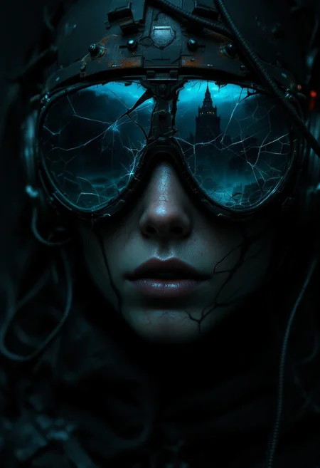 A cinematic close-up traps a lone hacker in the claustrophobic frame, her form swallowed by layers of dense, suffocating shadow. Her battered cyber-headset, a ruin of cracked glass and rusted metal, clings to her skull like the remnant of some forgotten war. Wires coil loosely around her temples, some broken and sparking feebly in the dark, others hanging like dead vines from her jawline.
Where her face should be, there is only the occasional gleam of sickly blue light slipping across hollowed-out cheeks and dry, cracked lips. Her skin, stretched taut and colorless, seems almost eroded, blurred into the oppressive black that presses in from all sides. Only the broken lenses of her headset offer faint windows into her fractured world—each pane split and riddled with fine fractures, warping whatever dim shapes lurk beyond.
The camera peers into the largest crack of the visor, revealing a shifting, ruined cityscape reflected in fragments: half-broken neon signs, skeletal towers, rivers of smoke. Each glitch of light feels like a dying heartbeat in a machine that has long since forgotten the living.