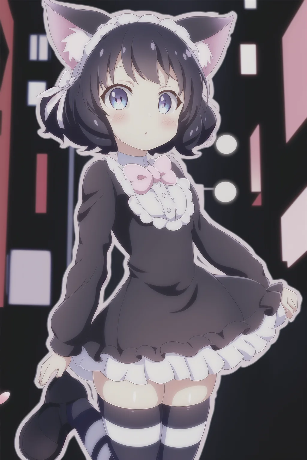1girl, show_by_rock, cat ears, short black hair, street background, striped stockings, cat tail, dress