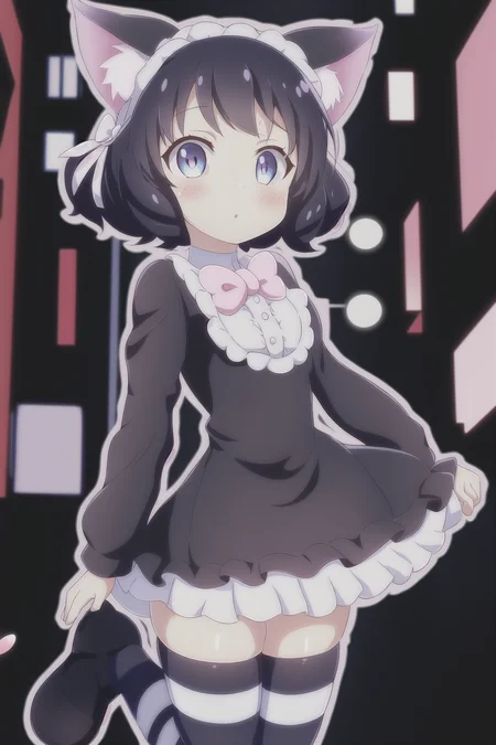 1girl, show_by_rock, cat ears, short black hair, street background, striped stockings, cat tail, dress