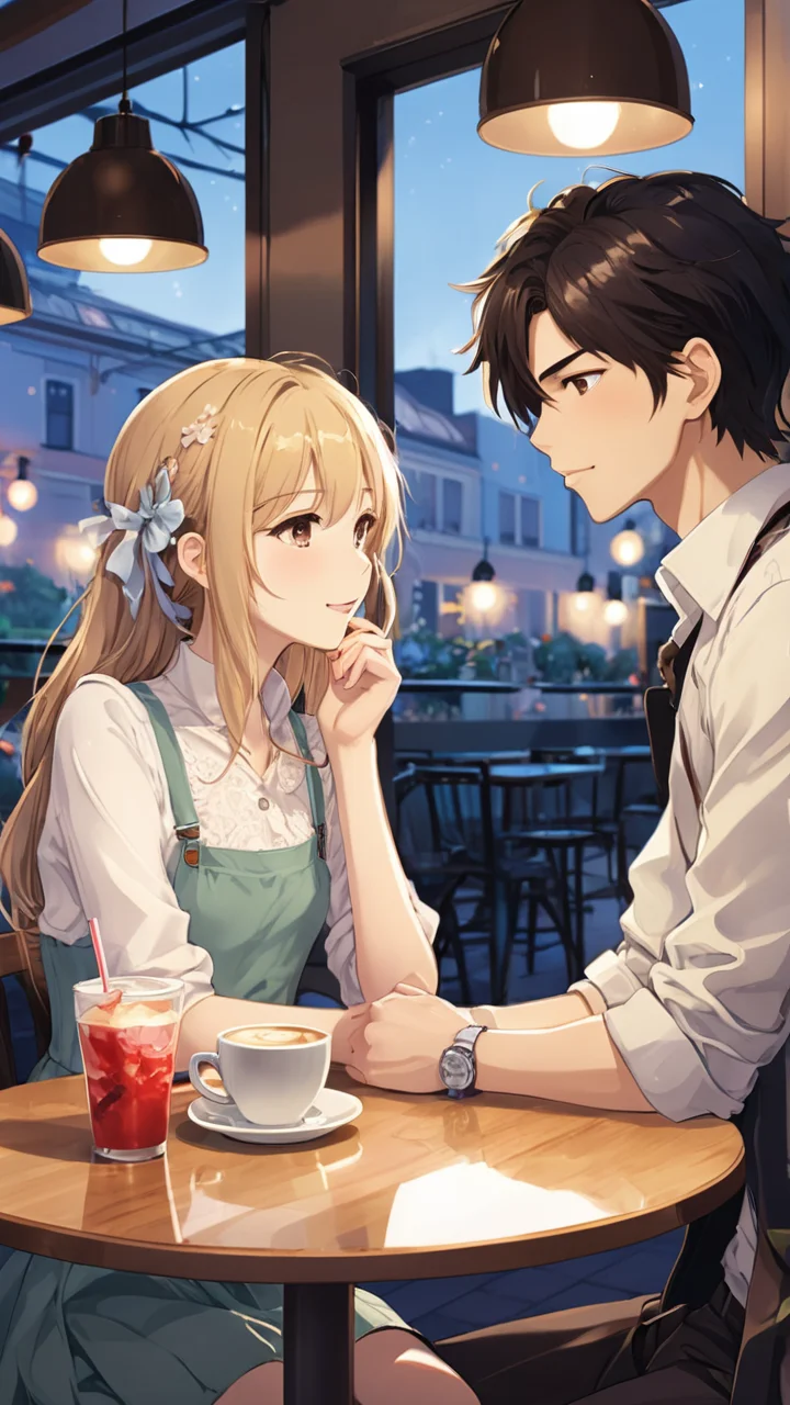 professional anime illustration, boy and girl dating in a cafe, incredibly beautiful and romantic, ultra highly intricate detailed light