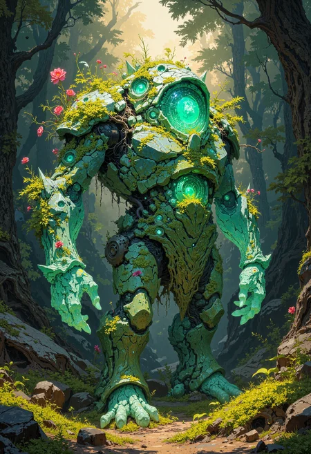 masterpiece, high-quality, hyperdetailed, refined details, best quality, high resolution, A gemstone golem slowly blooming into life, moss and flowers sprouting from cracks in its crystalline body as it awakens, its eyes, initially dull stones, begin to glow with an inner emerald light, dawn light filters through a forest, illuminating the golems nascent awakening, wide shot capturing the golems full form and the blooming flora, Style is Biomorphic Gemstone Animation, focus on contrasting textures of crystal and organic, gentle and wondrous, sense of slow awakening and natural magic, <lora:FLUX\Anime v1.3:0.5> <lora:FLUX\FLUX-daubrez-DB4RZ:0.3> <lora:FLUX\VividlySurrealOrigin:0.6>