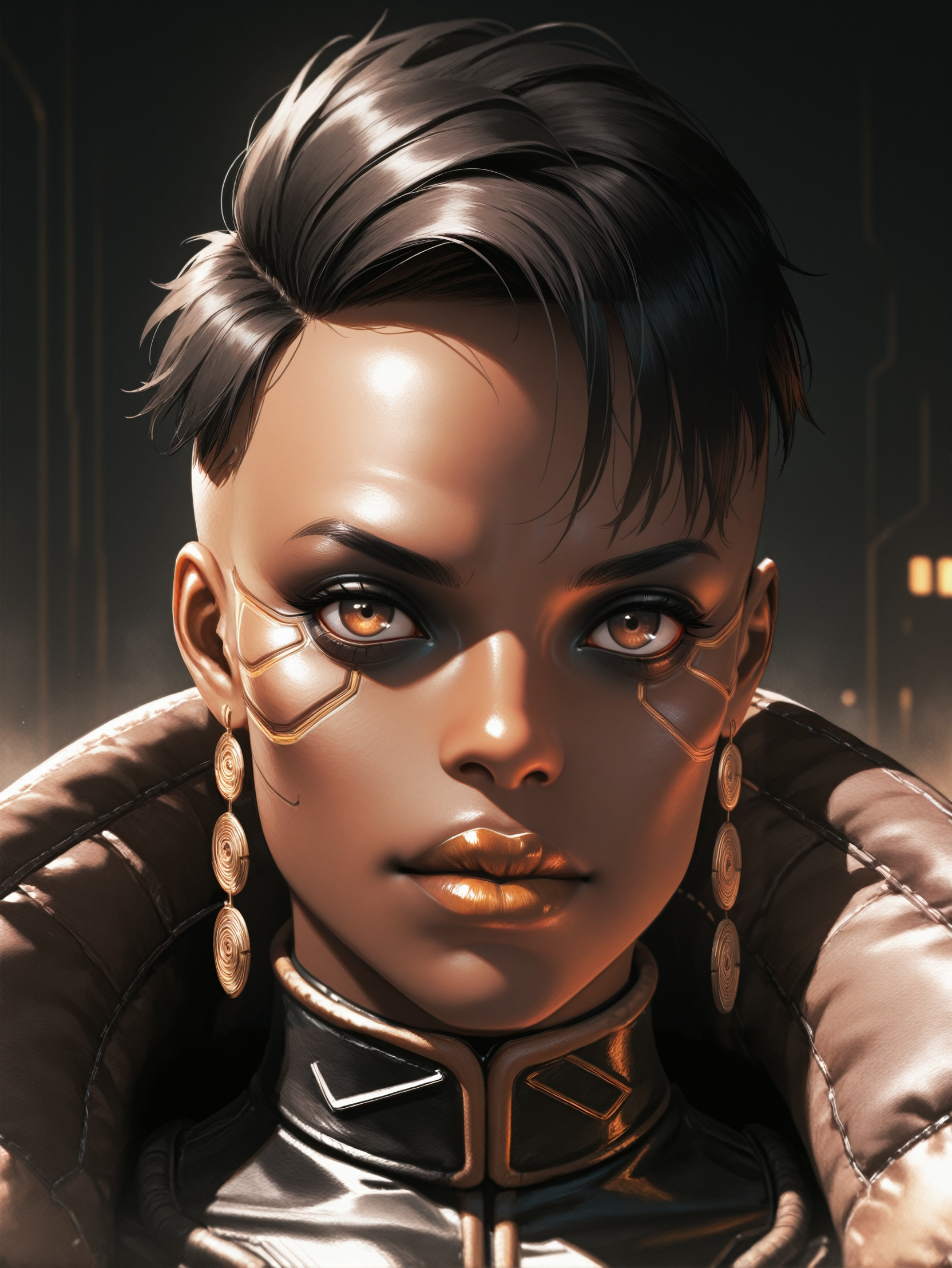 masterpiece, best quality, absurdres,
<lora:ILCyberMamanBrigitte:1.0>
CyberMamanBrigitte, 1girl, dark skin, short hair, black hair, brown eyes, looking at viewer, portrait