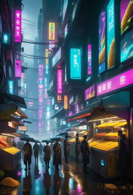 A busy street scene in a cyberpunk world, with colorfully lit billboards, rain and futuristic corn kernel passers-by, Jed-CornK <lora:CornKernelStyle:0.4>