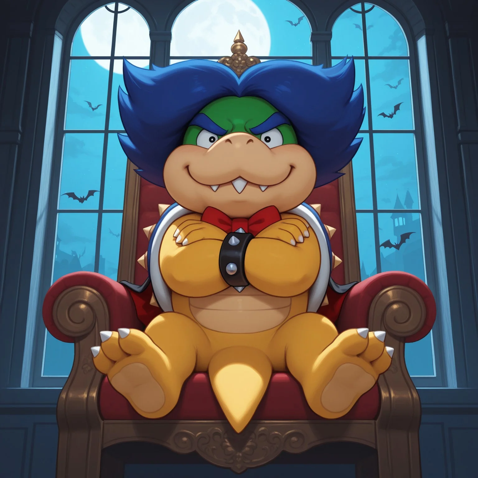 Ludwig, 2d, 1boy, solo, Blue hair, blue eyebrows, male, single middle fang, shelled, blue spiked shell, tail, spiked bracelets, scalie, yellow skin, green head, black eyes, claws, toe claws, 3 toes,
BREAK sitting on throne, indoors, haunted mansion, vampire cape, bow, grinning, bats, window, moonlight, moon, arms crossed, looking at viewer, front view