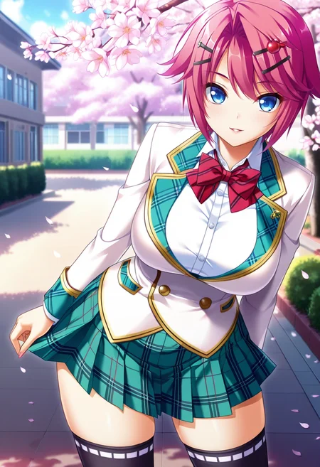 masterpiece, best quality, amazing quality,mahiru narukawa, blue eyes, pink hair, short hair, hairclip, 1girl, solo,school uniform, black thighhighs, hair ornament, large breasts, breasts,plaid,pleated skirt,red bow, white blazer, white shirt, green plaid skirt, parted lips, light smile, standing, looking at viewer, cowboy shot, blurry background, outdoors, school, cherry blossoms <lora:mahiru narukawaV1:0.9>