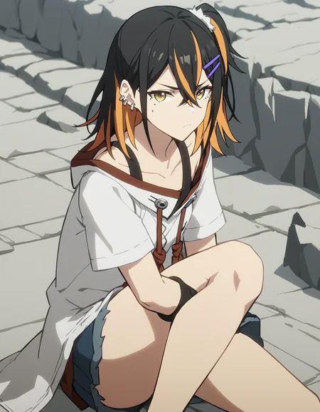 score_9,score_8_up,score_7_up,simple background,looking at viewer,(casual:1.5),sleeveless_shirt,thighs,micro_shorts,
<lora:naina_pony:0.6>,naina,1girl,solo,black hair,multicolored hair,hairclip,hair ornament,yellow eyes,blonde hair,mole under eye,mole,ear piercing,collarbone,medium hair,hair between eyes,piercing,bangs,orange hair,streaked hair,two-tone hair,jewelry,anime screencap,<lora:Anime_Screencap:1>,landscape,