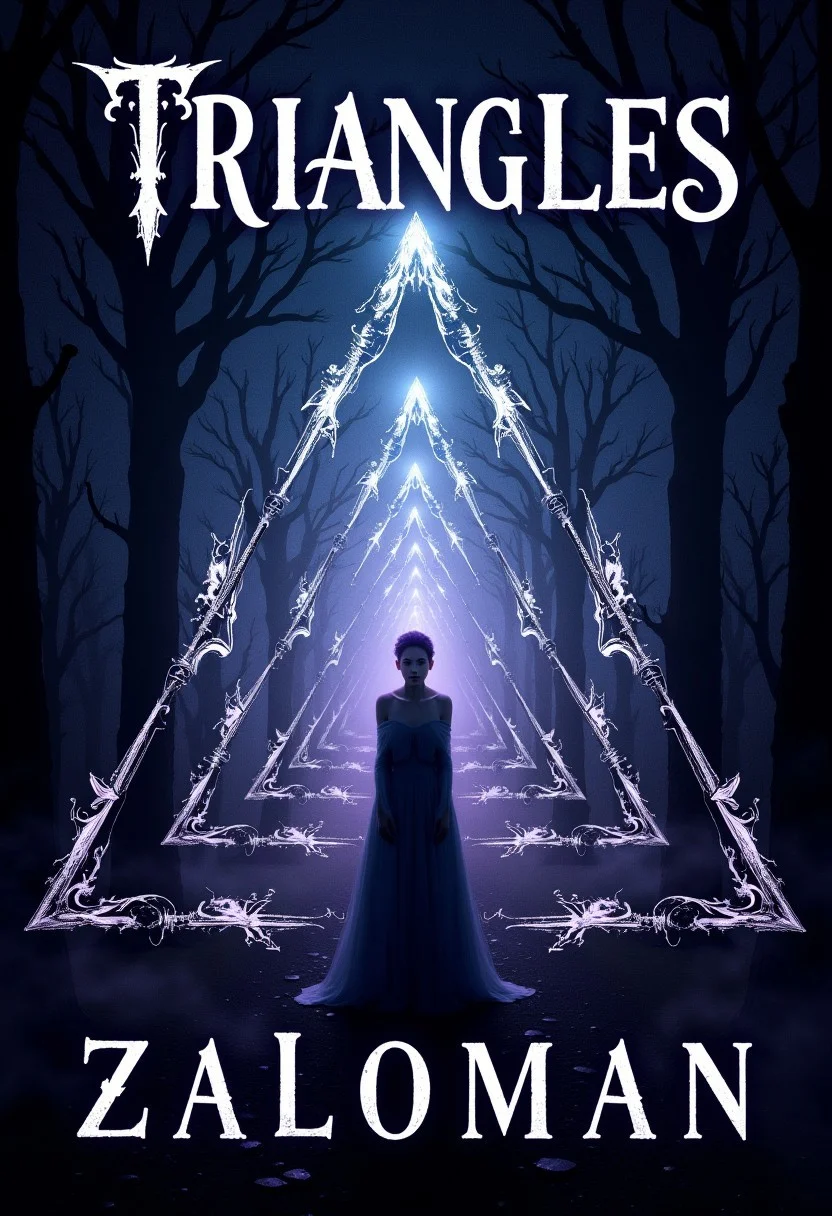 The cover should feature a mesmerizing, intricate pattern of triangles that seem to shift and writhe like living shadows.
The triangles should be arranged in a way that creates a sense of depth and dimensionality, drawing the viewer's eye into the heart of the design.
A figure should be visible in the center of the cover, shrouded in mist or shadow.
The figure should be androgynous, with features that are both masculine and feminine.
The figure should be surrounded by a halo of light that seems to pulse with an otherworldly energy.
The color palette should be dark and muted, with shades of indigo, purple, and black dominating the design.
The triangles should be rendered in a metallic silver ink that seems to shimmer and glow in the light.
The title of the novel, 'Triangles', should be emblazoned across the top of the cover in bold, gothic letters.
The author's name "Zaloman" should be written in smaller text at the bottom of the cover