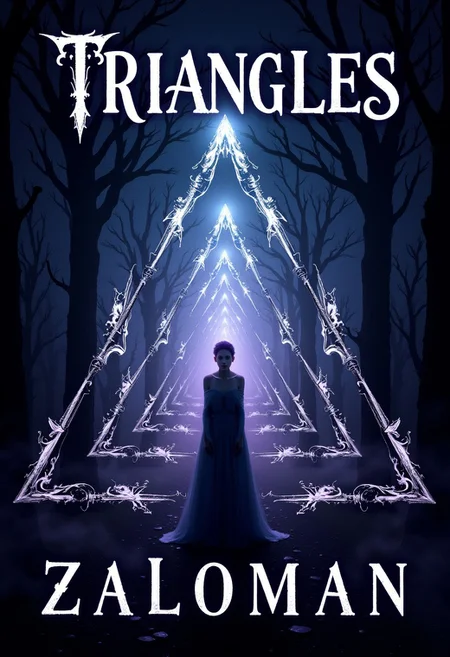 The cover should feature a mesmerizing, intricate pattern of triangles that seem to shift and writhe like living shadows.
The triangles should be arranged in a way that creates a sense of depth and dimensionality, drawing the viewer's eye into the heart of the design.
A figure should be visible in the center of the cover, shrouded in mist or shadow.
The figure should be androgynous, with features that are both masculine and feminine.
The figure should be surrounded by a halo of light that seems to pulse with an otherworldly energy.
The color palette should be dark and muted, with shades of indigo, purple, and black dominating the design.
The triangles should be rendered in a metallic silver ink that seems to shimmer and glow in the light.
The title of the novel, 'Triangles', should be emblazoned across the top of the cover in bold, gothic letters.
The author's name "Zaloman" should be written in smaller text at the bottom of the cover