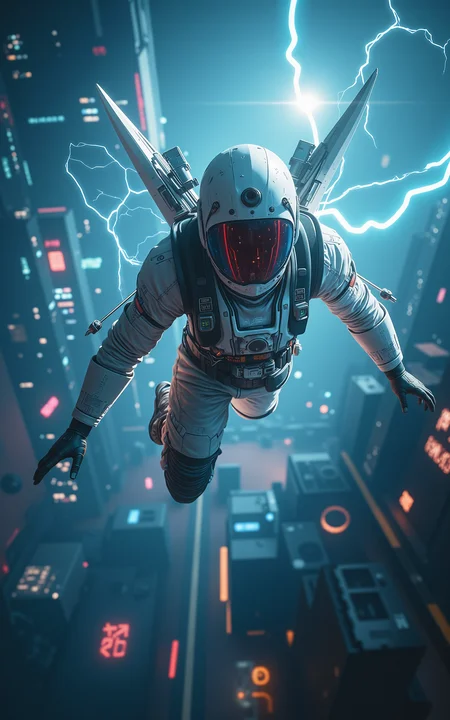 A courageous young pilot dons a white futuristic combat flight suit,equipped with precision-engineered mechanical wings and a powerful booster,as he speeds through a stormy sky filled with thunder and lightning. The flashes of light reflect dramatically on his suit. His flying pose is full of energy,and the image captures an intense sci-fi battle atmosphere with a high-speed photography style.,
<lora:kcyberpunk-02:0.8>,kcyberpunk,