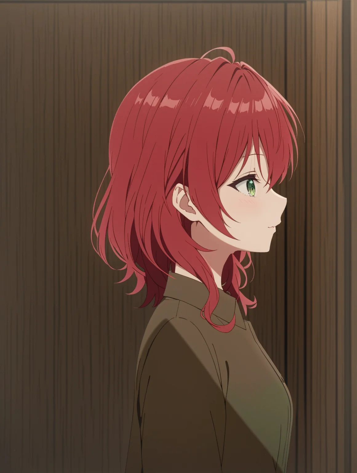 masterpiece, best quality,
1girl,solo,
<lora:dahlia.sdxl.v2:0.9> dahlia, red hair, green eyes,
teenager,brown shirt, collared shirt, black dress,
green skirt, profile,