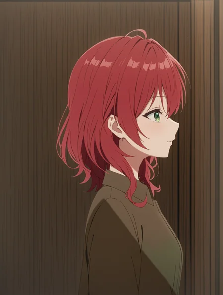 masterpiece, best quality,
1girl,solo,
<lora:dahlia.sdxl.v2:0.9> dahlia, red hair, green eyes,
teenager,brown shirt, collared shirt, black dress,
green skirt, profile,