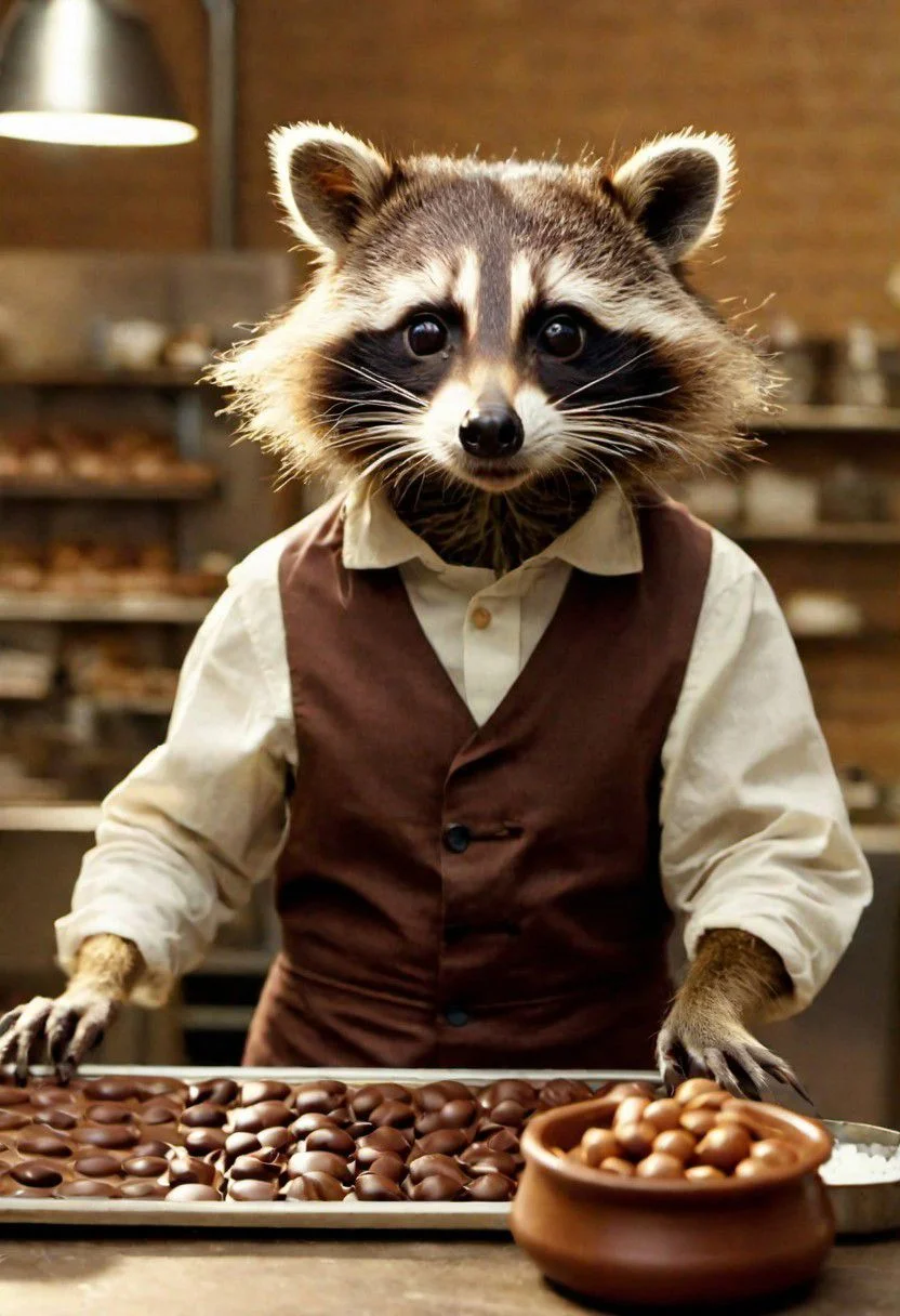 film still of an anthropomorphic raccoon working as a chocolatier, 4k