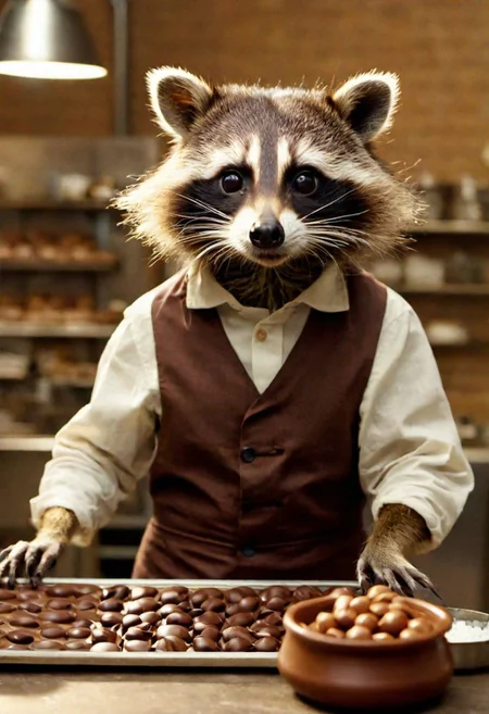 film still of an anthropomorphic raccoon working as a chocolatier, 4k
