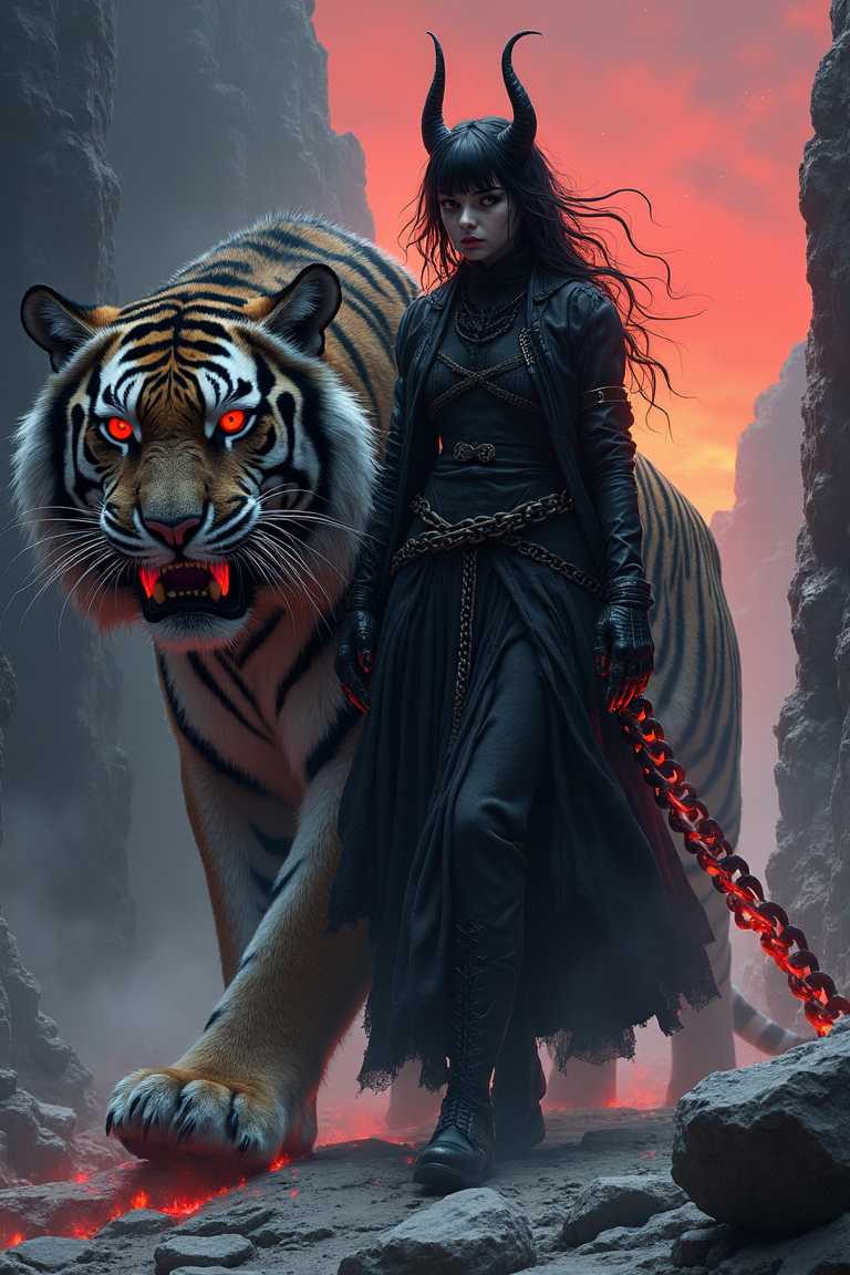 Full-length portrait of a sinister demon girl with obsidian horns, glowing crimson eyes, and clawed hands, striding confidently with a colossal sabre-tooth tiger bound by a molten chain leash. Style: Fusion of Zdzisław Beksiński’s surreal dystopian atmosphere (organic, biomechanical textures), Frank Frazetta’s primal dynamism (muscular anatomy, dramatic lighting), and Ayami Kojima’s gothic elegance (flowing robes, intricate patterns). Medium: Ethereal digital painting with ink-like precision and smoky, smoldering textures. Color palette: Deep blood-red, charcoal black, and ash-gray tones, with neon violet accents on the tiger’s spectral stripes and the demon’s smoldering chain. Composition: Diagonal layout emphasizing movement; the tiger’s snarling muzzle contrasts with the girl’s calm, predatory smirk. Background: Jagged obsidian cliffs under a bruised twilight sky, lit by a dying star. Rules: Hyper-detailed textures on the tiger’s fur and the demon’s scales, zero warm colors except crimson glows, chiaroscuro lighting to enhance menace, and a blurred motion effect on the chain to imply supernatural control. Forbid cuteness or cartoonish styles; prioritize haunting, mythic grandeur.