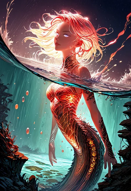 (score_9, score_8_up), score_7_up, zPDXL, solo, <lora:MythAnim3Style:0.8>, MythAn1m3,  source_anime, 1girl, mermaid, dark mysterious backgroud, Iridescent eyes, aquatic scene, dreamlike atmosphere, mystical, ethereal light, detailed textures, whimsical, rippling, dripping, water element, very long cascading hair, water, very beautiful, sexy, sexy body, beautiful body, scales, wet body, Iridescent scales, bubbles, water drops, Iridescent skin, multi colored eyes, partially underwater shot, watce, bioluminescent skin, bioluminescent, glowing, bioluminescent scales, bioluminescent hair,  FastNegativeV2, laser light clothes, submerged breast, water line on lense, view from under water, light hair, cool tones