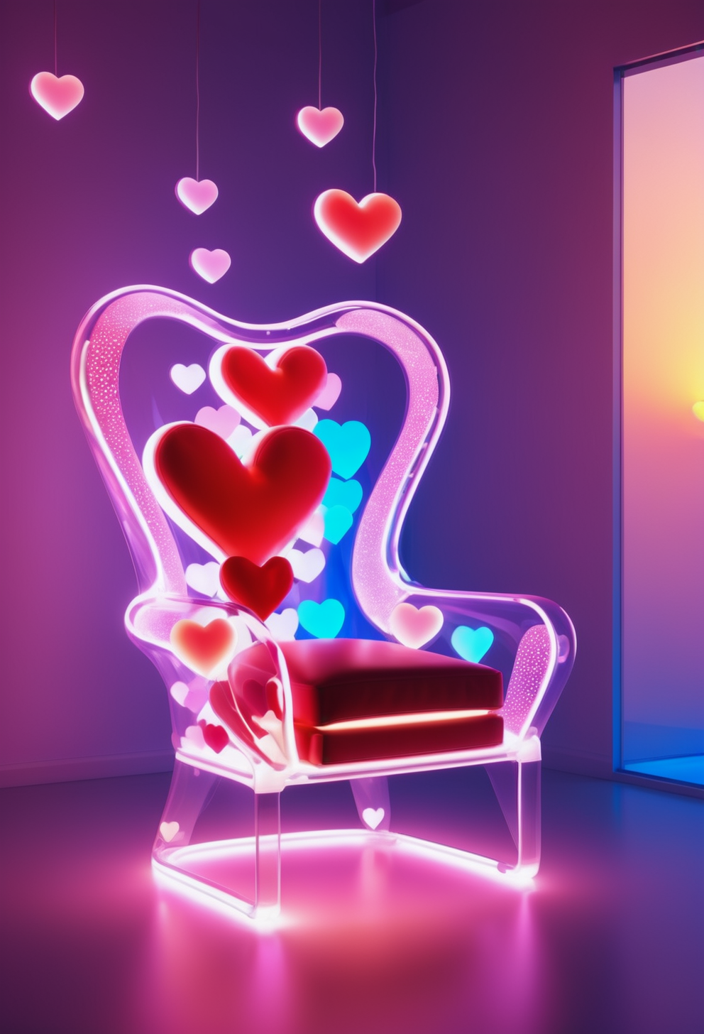 a chair made out of reij-trnsprnt filled with reij-hrts light by reij-glow <lora:heartglow-000006:1>