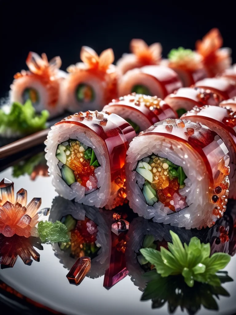 food photography photo of a crystal maki sushi with wasabi, perfect roles, maximum detail, foreground focus, crystalz <lora:crystalz:1>